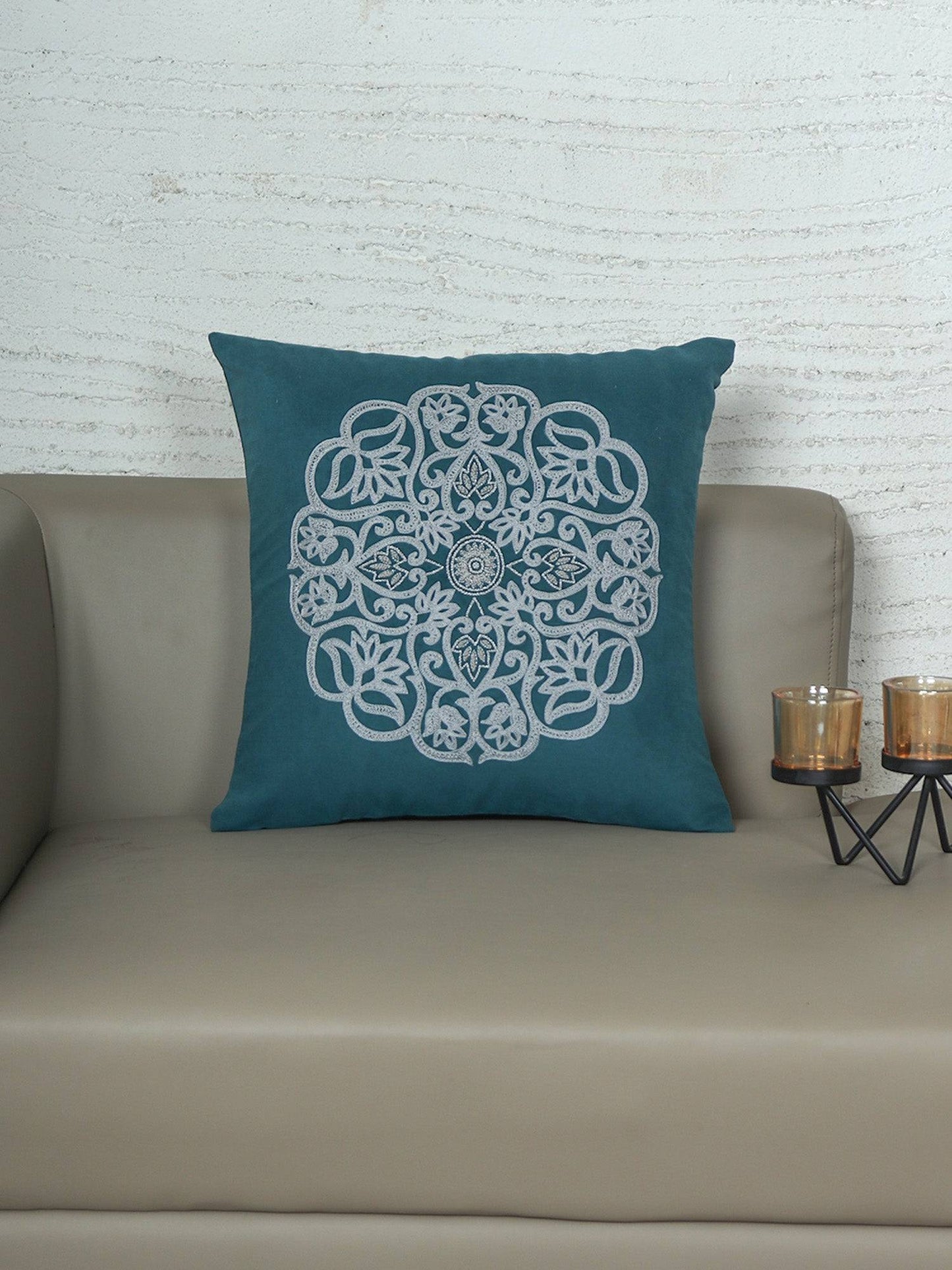 ZEBA World Hand Embroidered Cushion Cover - Luxe Collection | Sofa, Bedroom, Couch | Polycanvas Motif Embroidery - Teal Blue - 16x16 inch (40x40 cms) (Pack of 1)