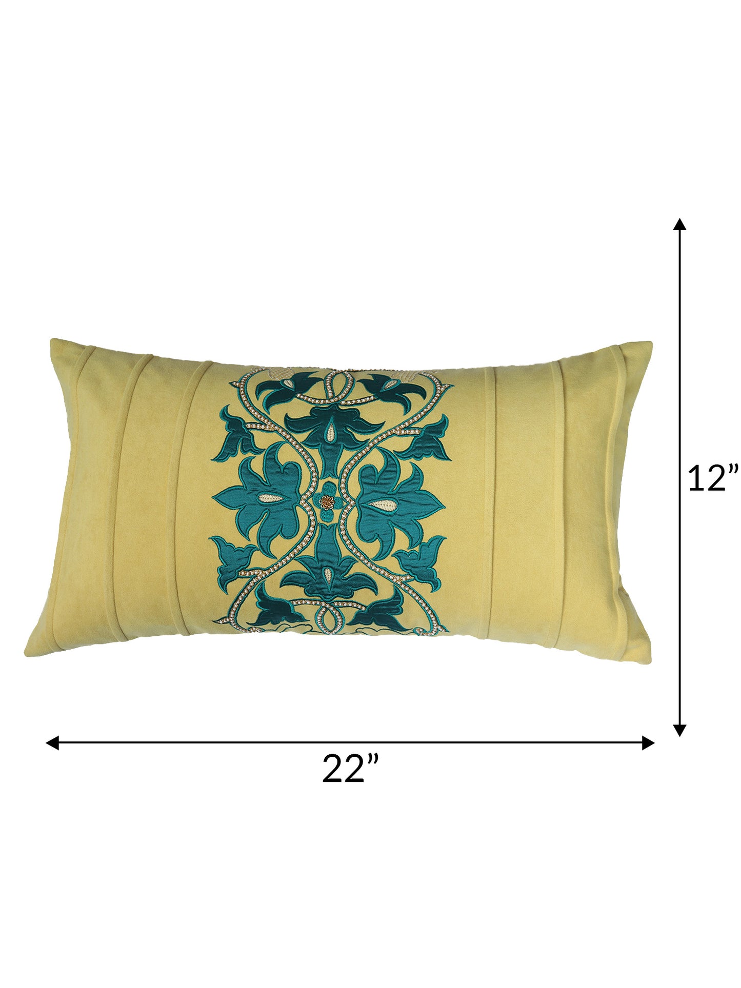 Hand Embroidered Cushion Cover - Luxe Collection | Sofa, Bedroom, Couch | Polycanvas Applique with Floral Embroidery and Moti Work- Yellow - 12x22 inch (30x55 cms) (Pack of 1)