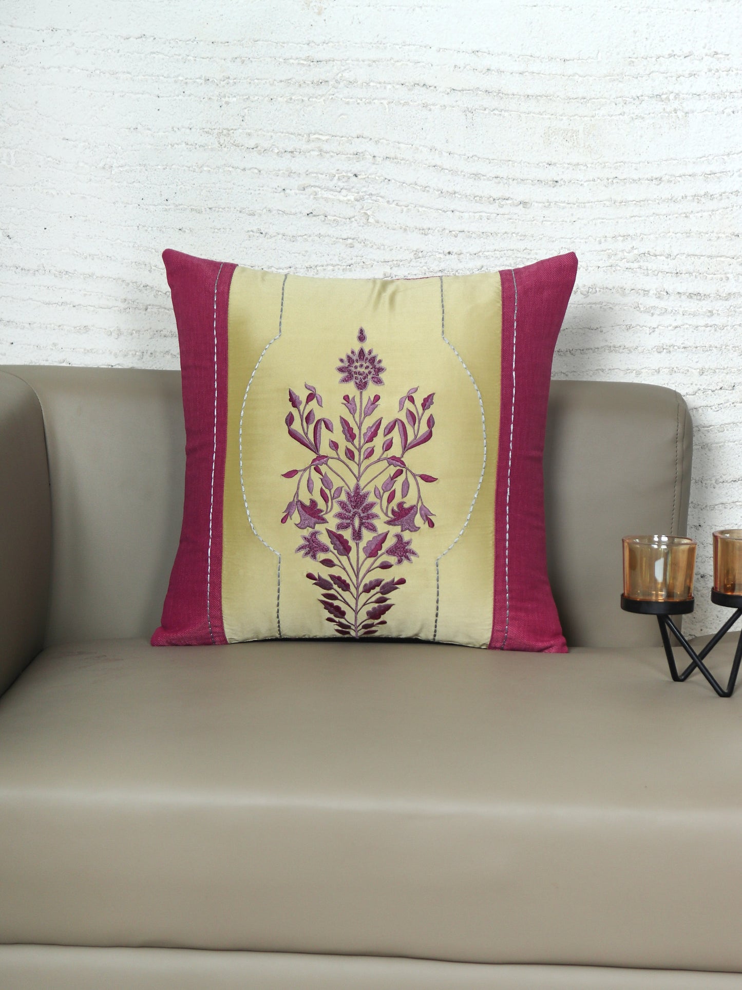 Hand Embroidered Cushion Cover - Luxe Collection | Sofa, Bedroom, Couch | Polycanvas Patch of Floral Embroidery - Multicolor - 16x16 inch (40x40 cms) (Pack of 1)