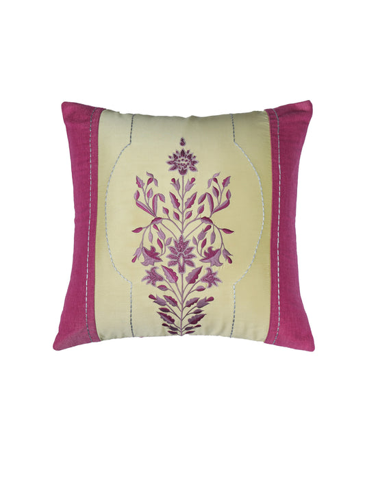 Hand Embroidered Cushion Cover - Luxe Collection | Sofa, Bedroom, Couch | Polycanvas Patch of Floral Embroidery - Multicolor - 16x16 inch (40x40 cms) (Pack of 1)