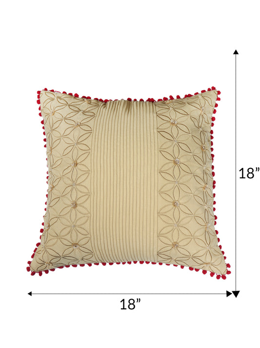 Hand Embroidered Cushion Cover - Luxe Collection | Sofa, Bedroom, Couch | Polycanvas Embroidery with Pompoms - Cream - 18x18 inch (45x45 cms) (Pack of 1)