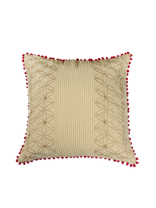 Hand Embroidered Cushion Cover - Luxe Collection | Sofa, Bedroom, Couch | Polycanvas Embroidery with Pompoms - Cream - 18x18 inch (45x45 cms) (Pack of 1)