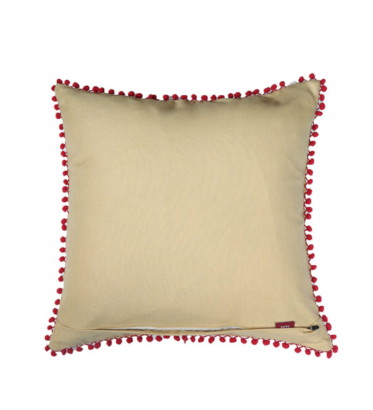 Hand Embroidered Cushion Cover - Luxe Collection | Sofa, Bedroom, Couch | Polycanvas Embroidery with Pompoms - Cream - 18x18 inch (45x45 cms) (Pack of 1)
