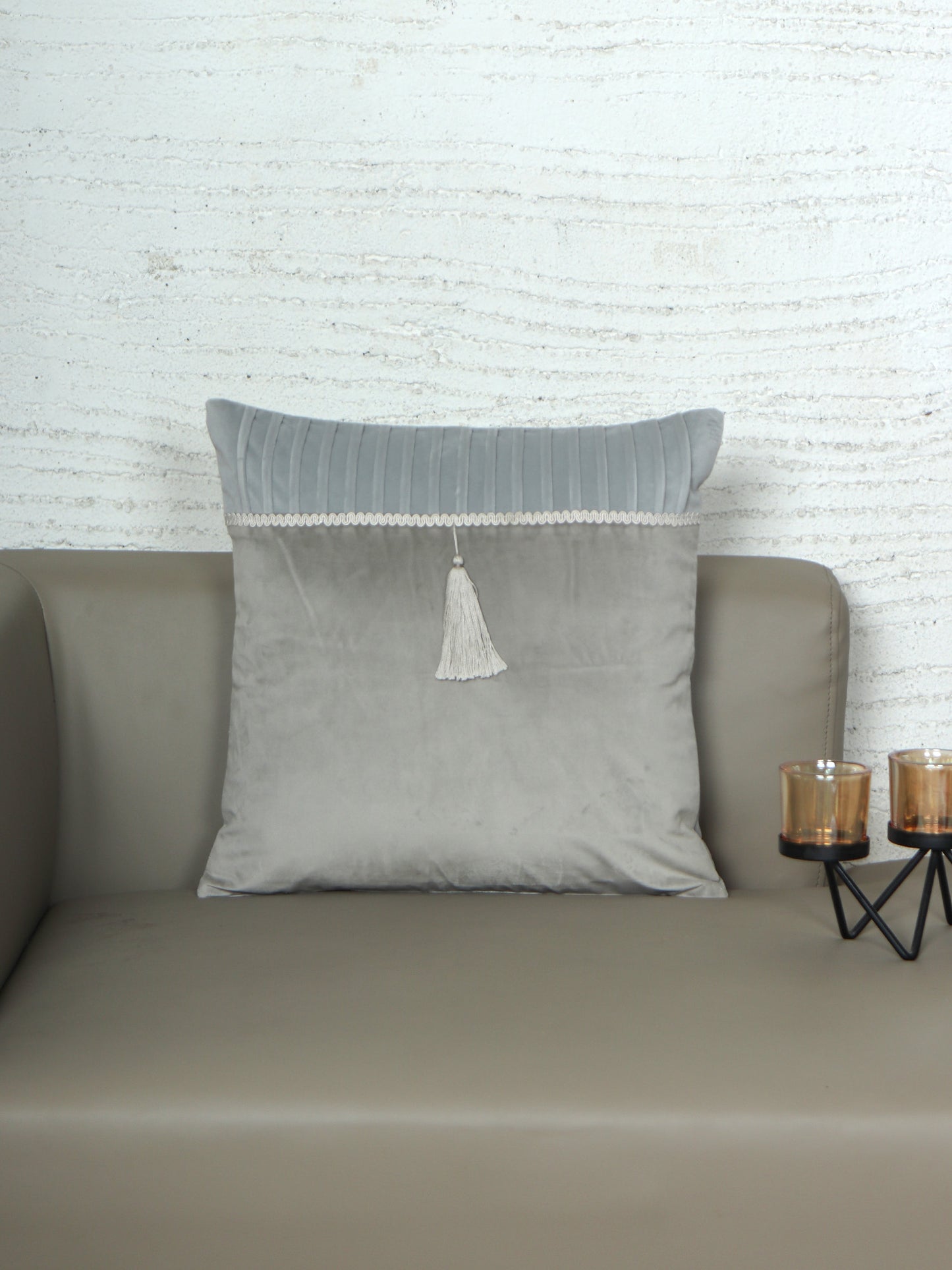 Velvet Cushion Cover - Luxe Collection | Sofa, Bedroom, Couch | Pleated with Lace and Tassle - Gray - 16x16 inch (40x40 cms) (Pack of 1)