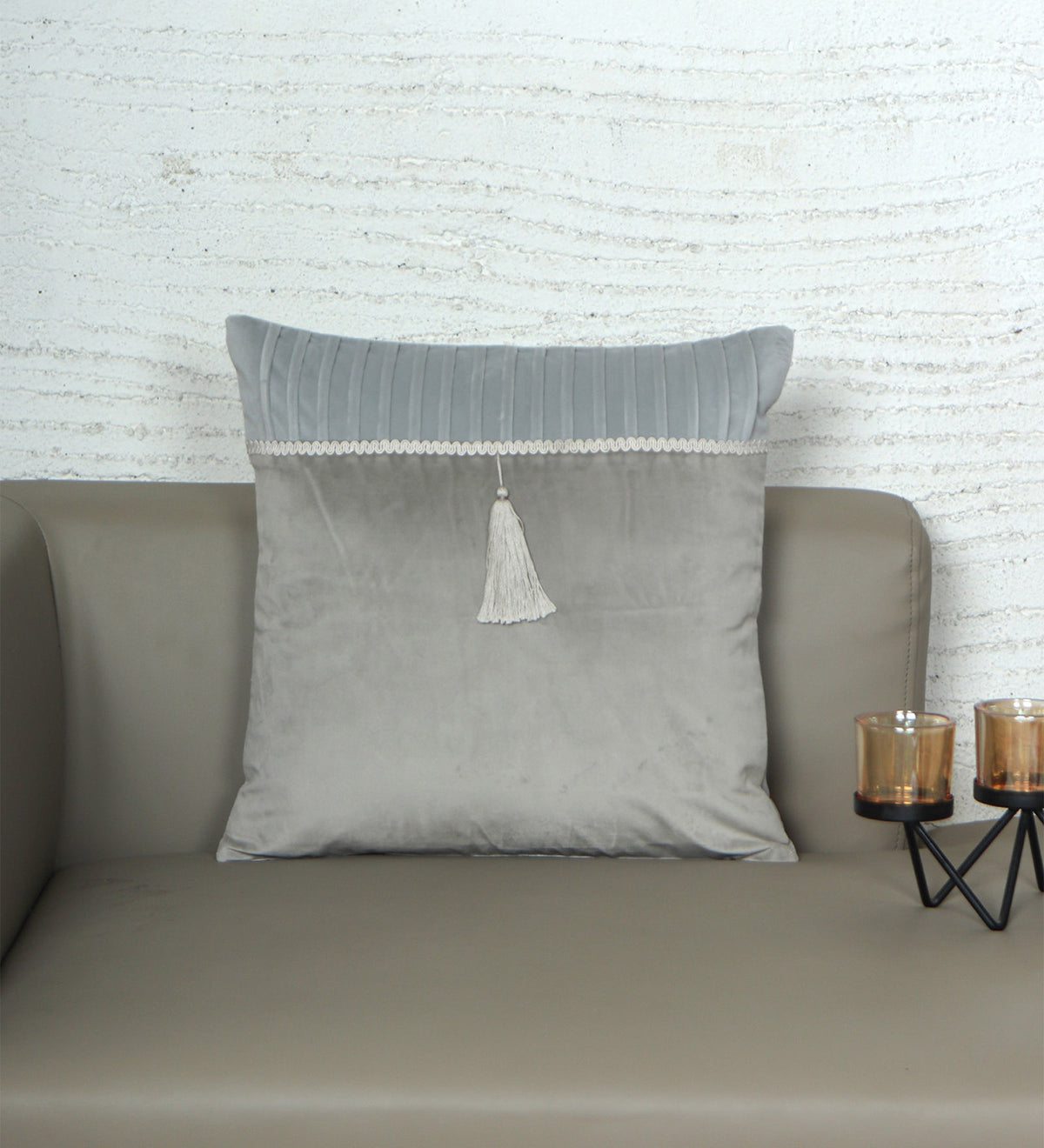 Velvet Cushion Cover - Luxe Collection | Sofa, Bedroom, Couch | Pleated with Lace and Tassle - Gray - 16x16 inch (40x40 cms) (Pack of 1)