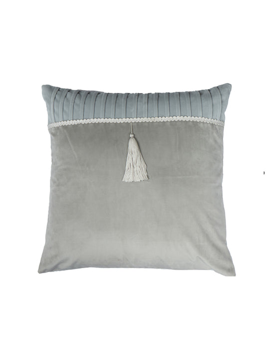 Velvet Cushion Cover - Luxe Collection | Sofa, Bedroom, Couch | Pleated with Lace and Tassle - Gray - 16x16 inch (40x40 cms) (Pack of 1)