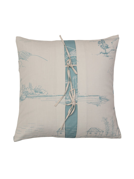 Beige & Blue Printed Cushion Cover with Ribbon Tie-Up | 16 Inch x 16 Inch | Cotton