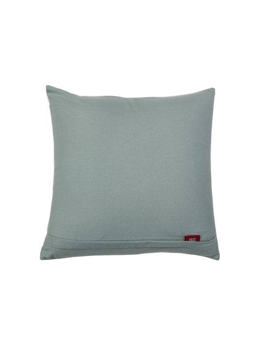Beige & Blue Printed Cushion Cover with Ribbon Tie-Up | Pure Cotton | 16 x 16 Inch