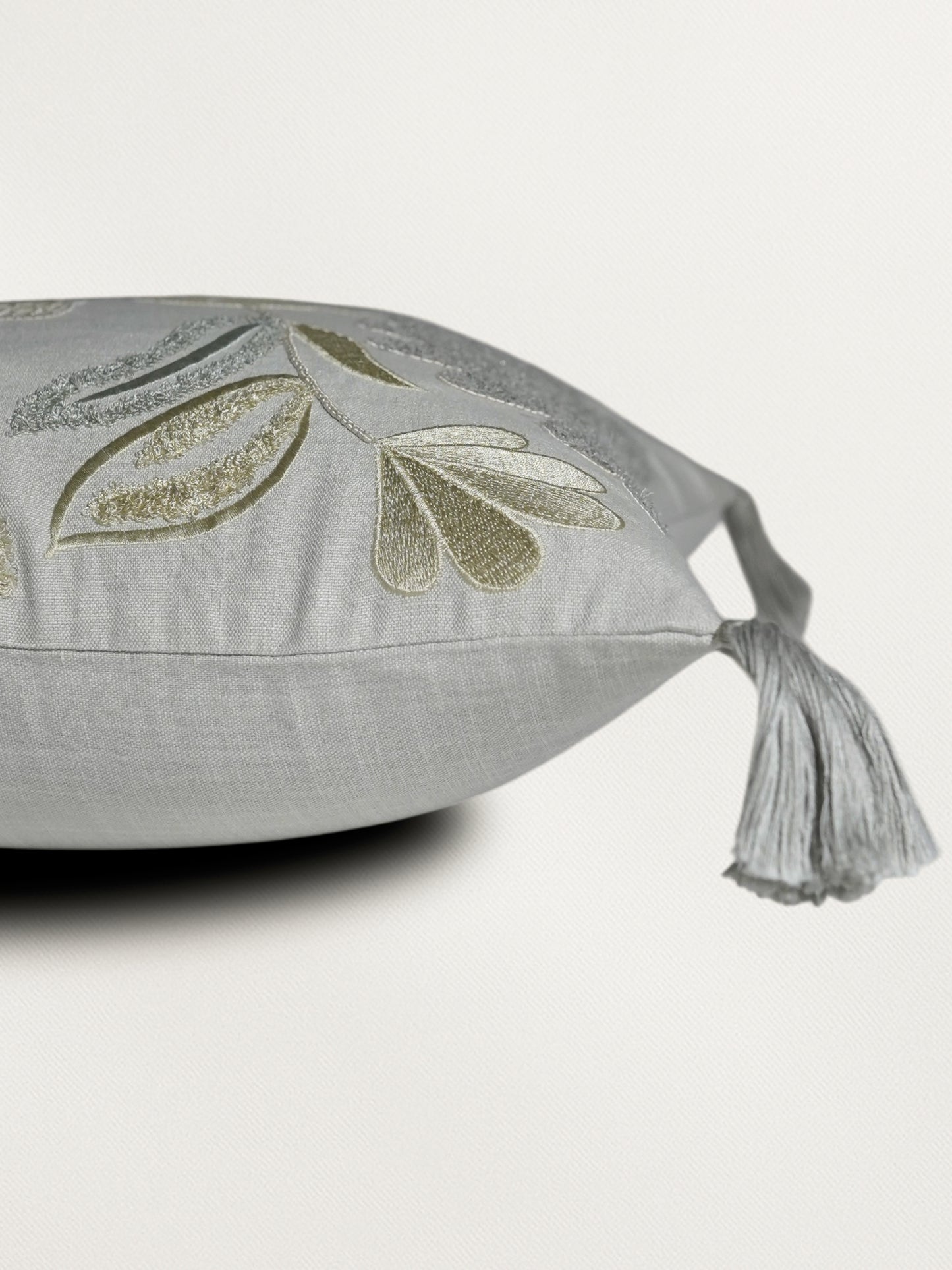 Polyester Blend Grey Cushion Cover- Machine and Hand Embroidered with Tassels|16x16 inch, set of 1