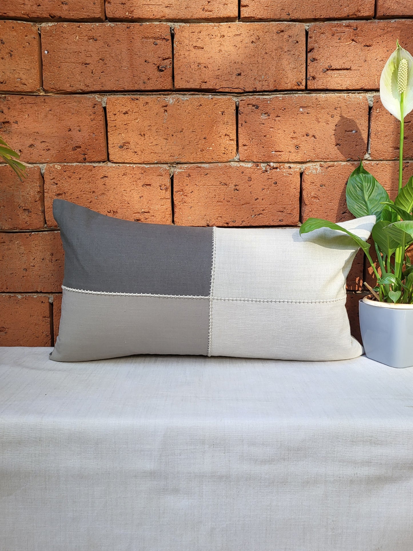 Poly Cotton Grey Cushion Cover- Patchwork & Hand Embroidery on Center Cord – 12x22 Inches (Set of 1)