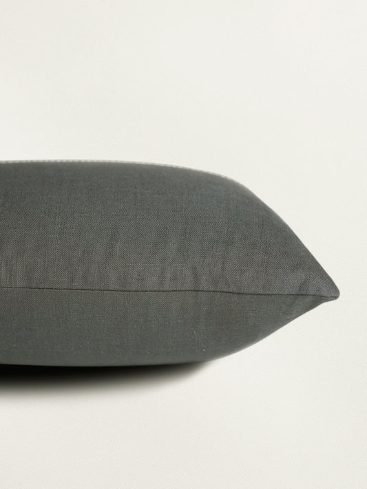 Poly Cotton Grey Cushion Cover- Patchwork & Hand Embroidery on Center Cord – 12x22 Inches (Set of 1)