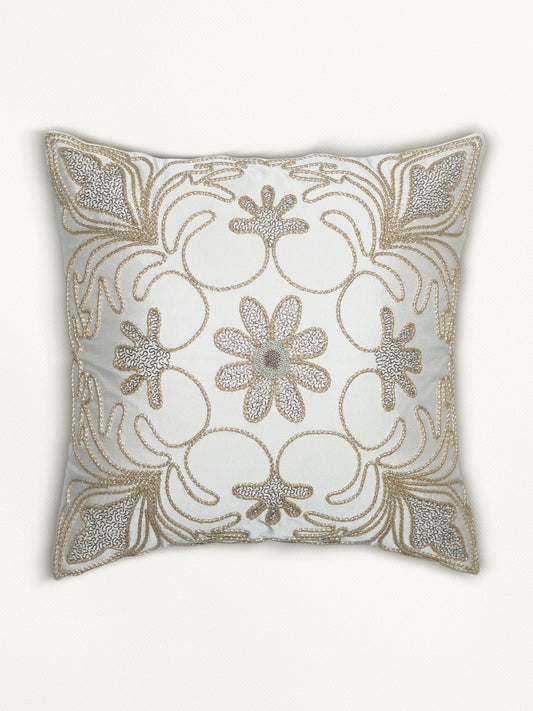 Polyester Blend Cushion Cover – Cream, Handcrafted Cord work 16x16''