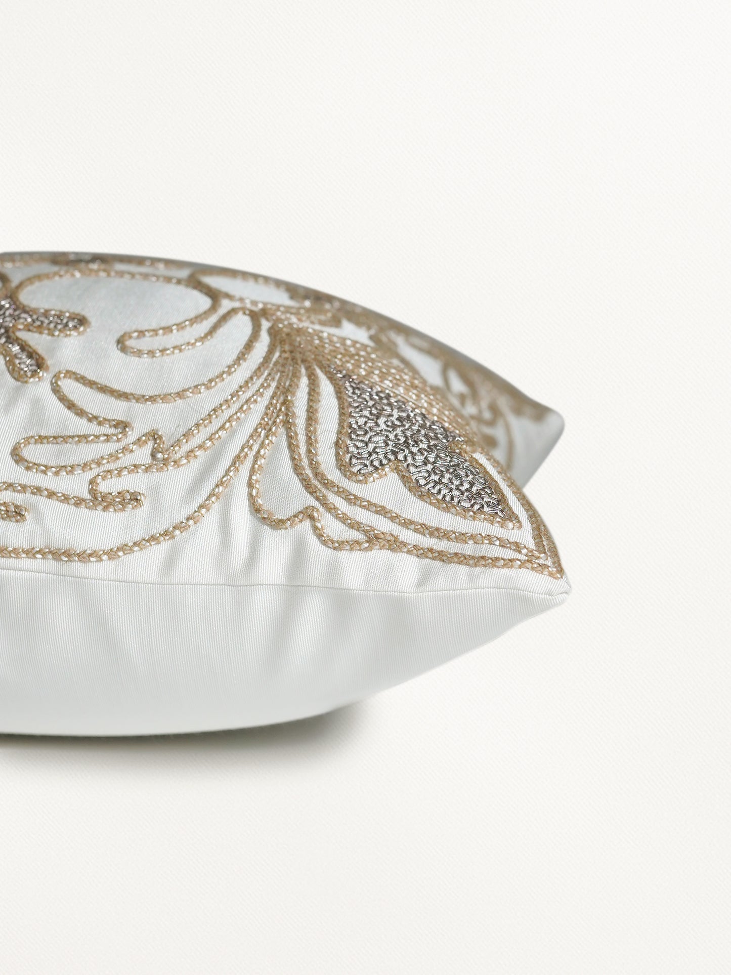 Polyester Blend Cushion Cover – Cream, Handcrafted Cord work 16x16''