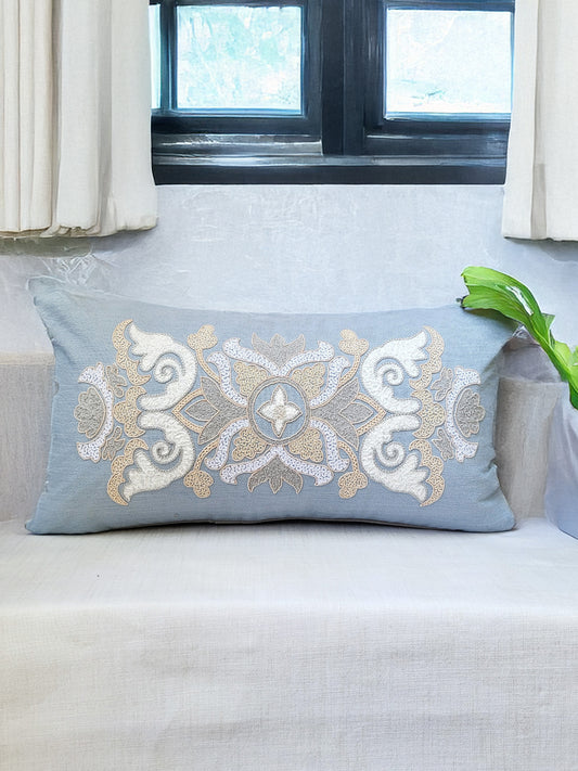 Polyester Blend Blue Cushion Cover- Applique & Machine Embroidered with Cord Piping 12x22 inches, Set of 1