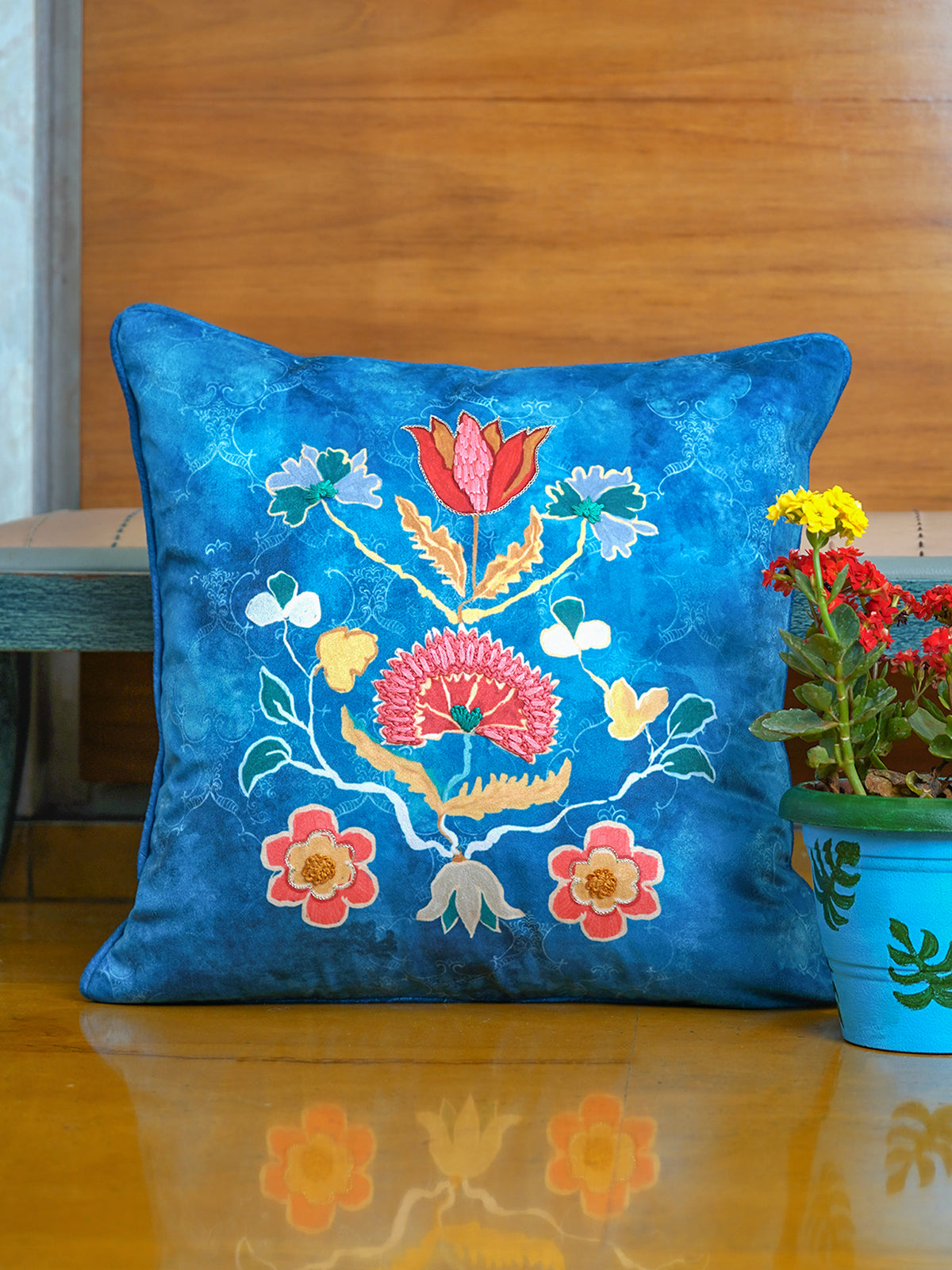 Velvet Blue Cushion Cover-Cord piping with Hand Embroidered Floral Pattern 16x16 inches (set of 1)