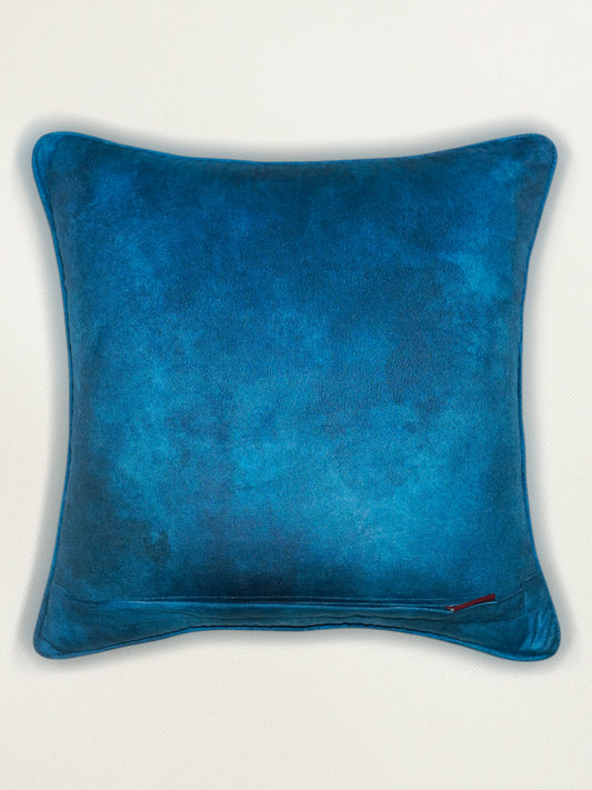 Velvet Blue Cushion Cover-Cord piping with Hand Embroidered Floral Pattern 16x16 inches (set of 1)