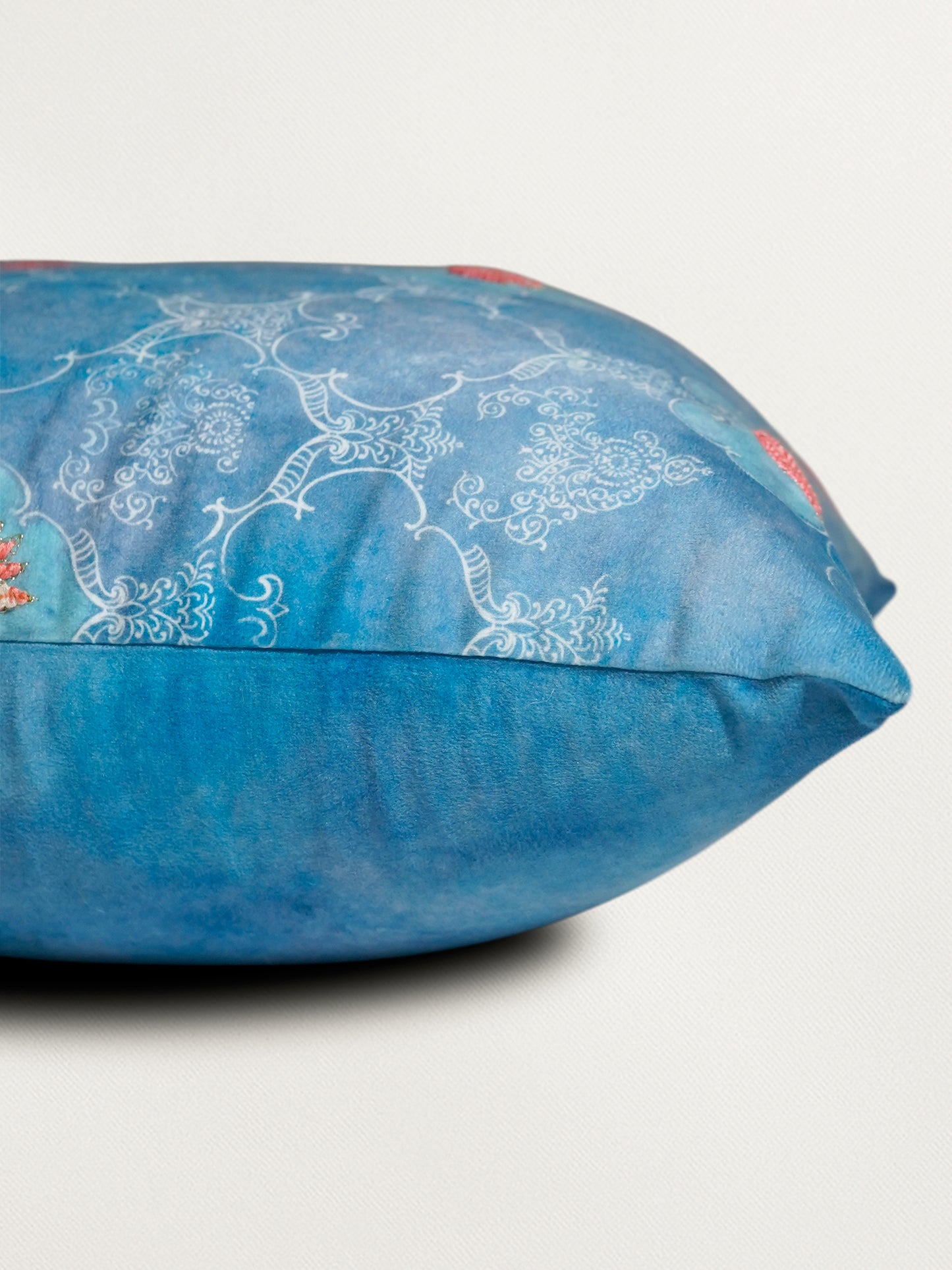 Velvet Blue Cushion Cover -Digital Print of Jaali pattern|Hand Embroidered Floral Pattern 18x18inches (set of 1)