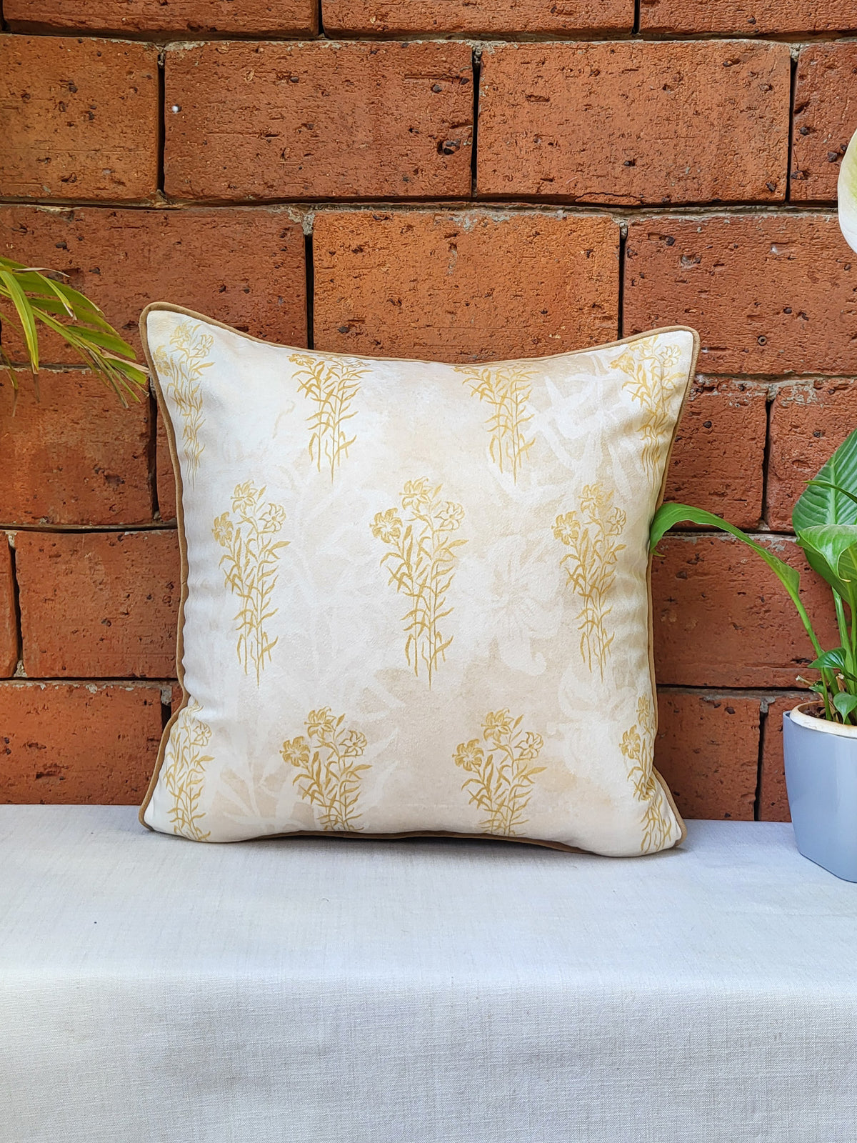 Velvet Cushion Cover-Floral Pattern | Contrast Cord Piping | Beige 16x16 Inches (Set of 1)