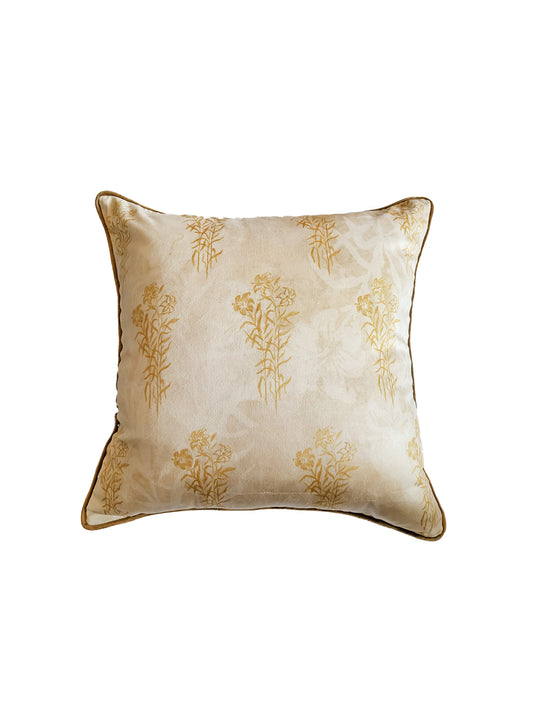 Velvet Cushion Cover-Floral Pattern|Contrast Cord Piping |Beige 16x16 Inches (Set of 1)