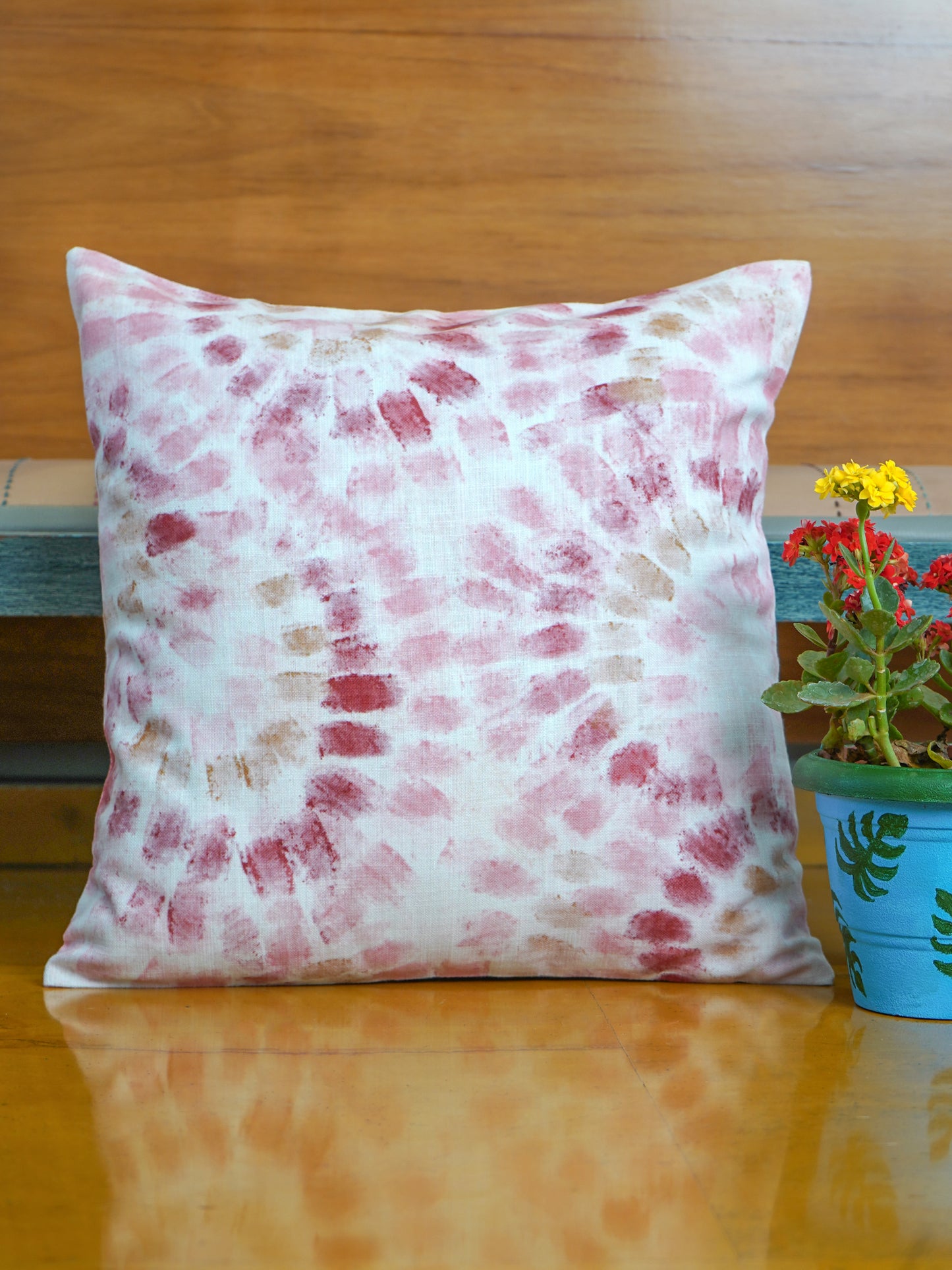 Poly Cotton Light Pink Cushion Cover -Digital Print |Hand-Painted Gold Strokes – 16x16 Inches (Set of 1)