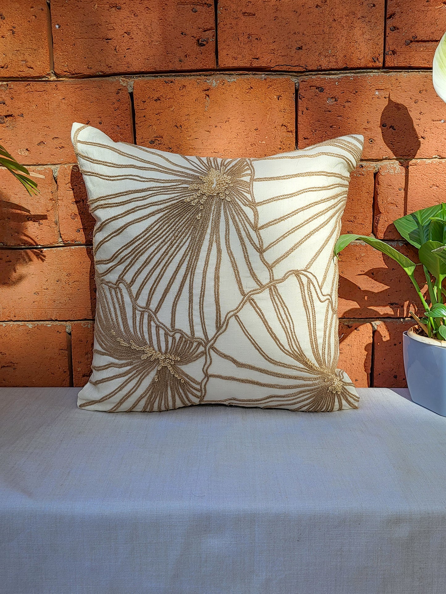 ZEBA Hand Embroidered Cushion Cover - Luxe Collection | Sofa, Bedroom, Couch | Floral Embroidery | Off White - Cotton Blend | 16x16 inch (40x40 cms) (Pack of 1)