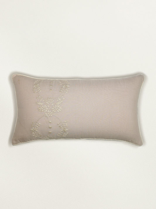 Hand Embroidery Cushion Cover | Leaves with Cord Piping - Linen 12 x 22 inches