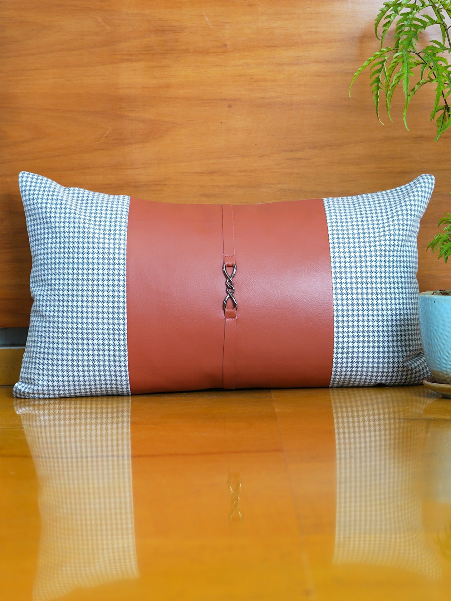 Leather & Polyester Cushion Cover – Rust, Patch Work + Patti 12x22 inch Set of 1