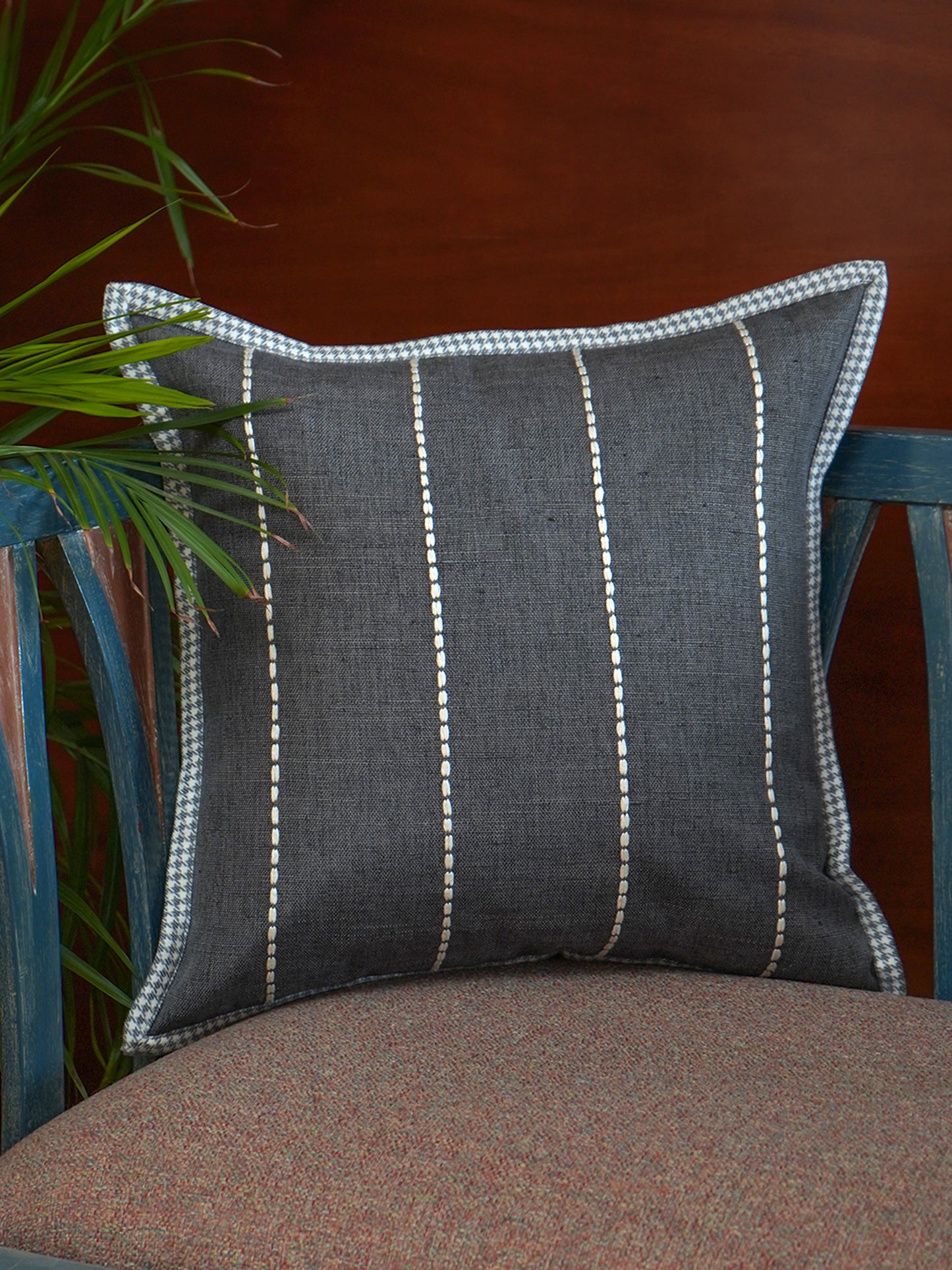 Polyester Blend Cushion Cover - Black, Digital Flange , Flat Piping & Hand Embroidery (Godri Stitch), 16x16 inches, Set of 1"