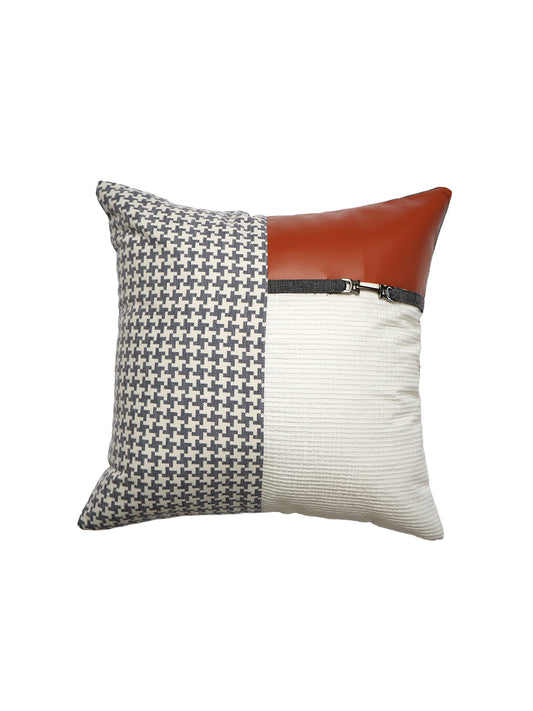 Leather & Polyester Cushion Cover – White, Digital + Patch Work, 16x16 inch, Set of 1