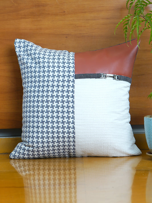 Leather & Polyester Cushion Cover – White, Digital + Patch Work, 16x16 inch, Set of 1