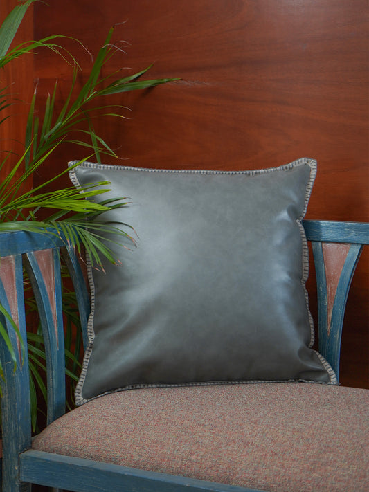 Leather Black Cushion Cover -Flat Piping & Hand Detailing, 18x18 inches, Set of 1