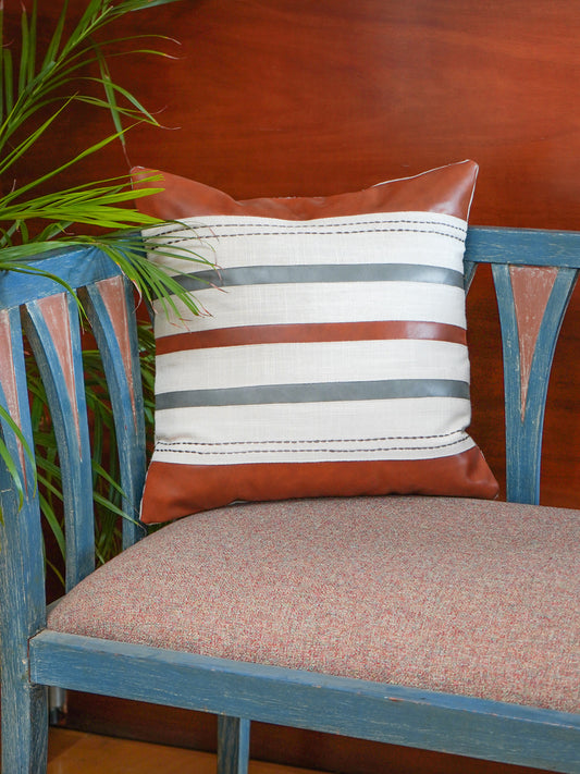 Leather Cushion Cover - Light Grey with Patch Work and Machine Thin Line, 16x16 inches, Set of 1