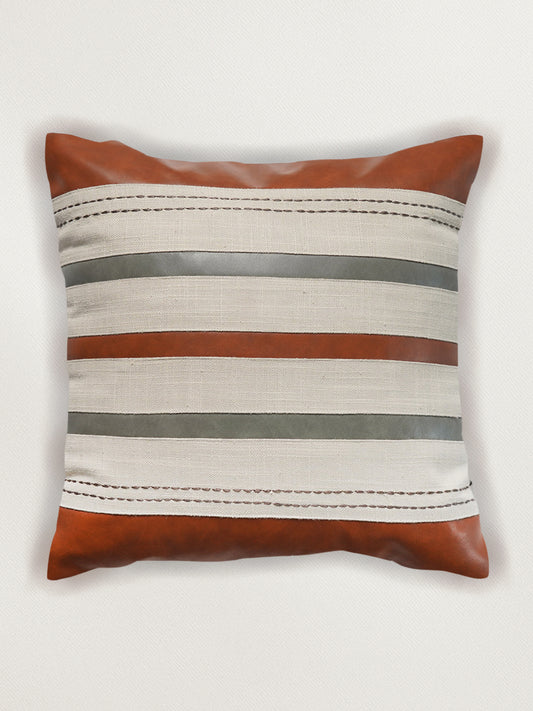 Leather Cushion Cover - Light Grey with Patch Work and Machine Thin Line, 16x16 inches, Set of 1