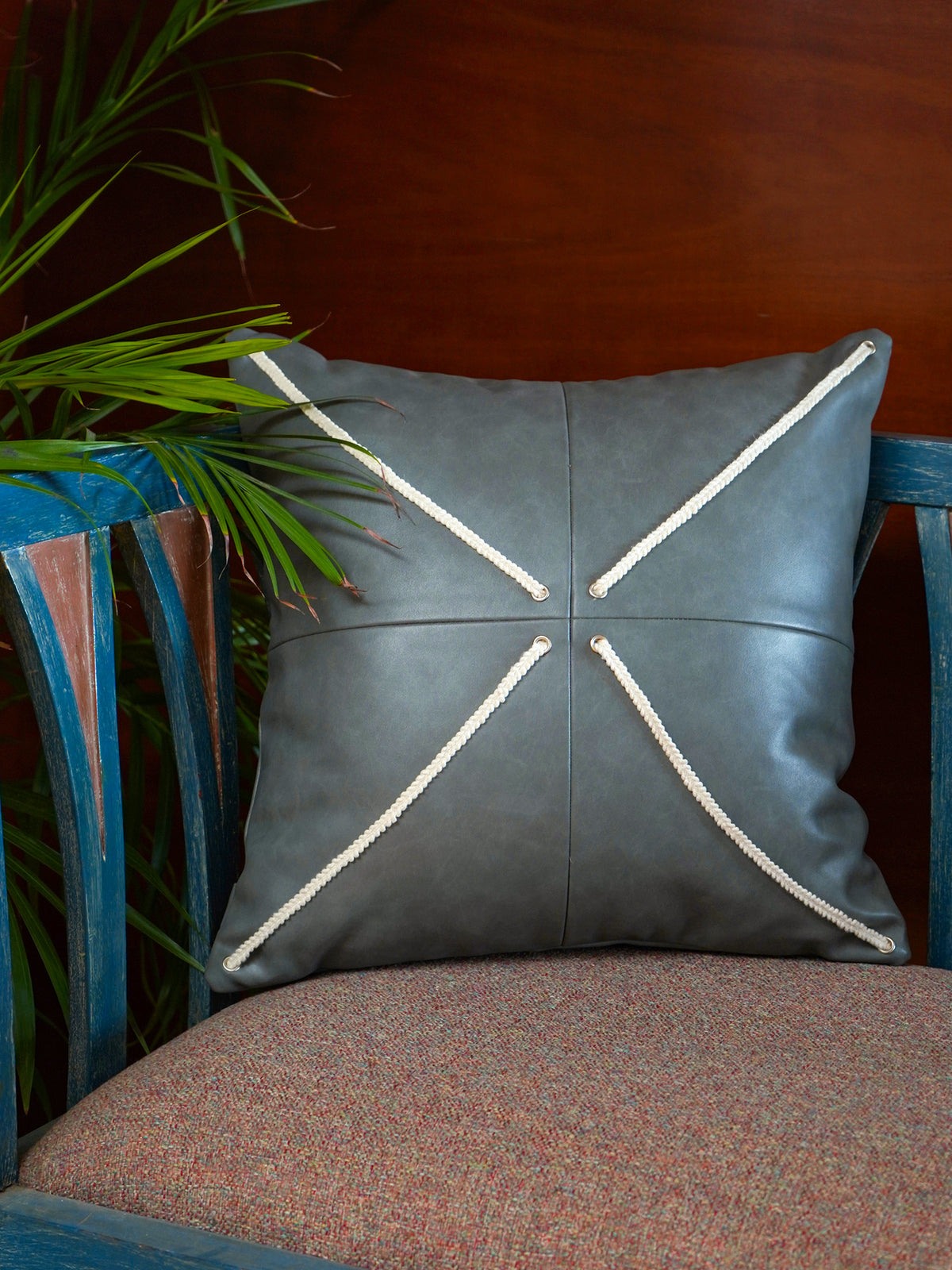 Zeba Leather Cushion Cover - Grey | Patchwork 16x16 Inch