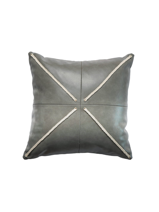 Zeba Leather Cushion Cover - Grey ,Patchwork 16x16''