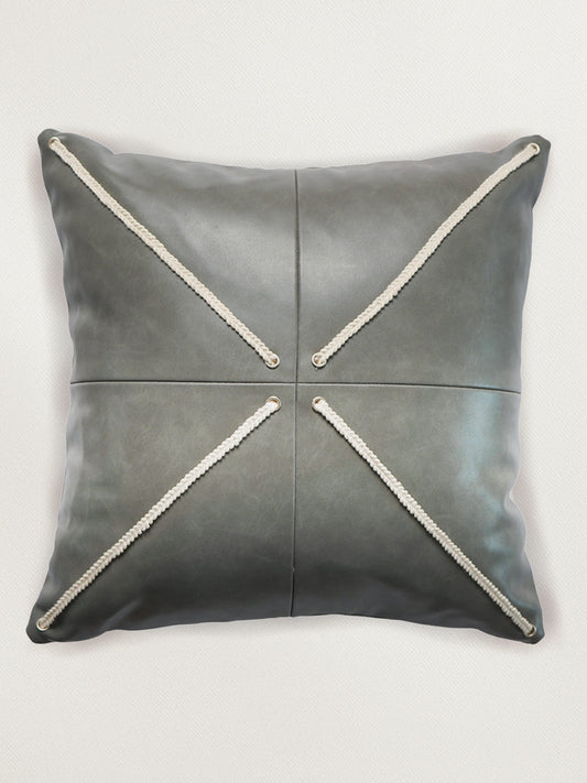 Zeba Leather Cushion Cover - Grey ,Patchwork 16x16''