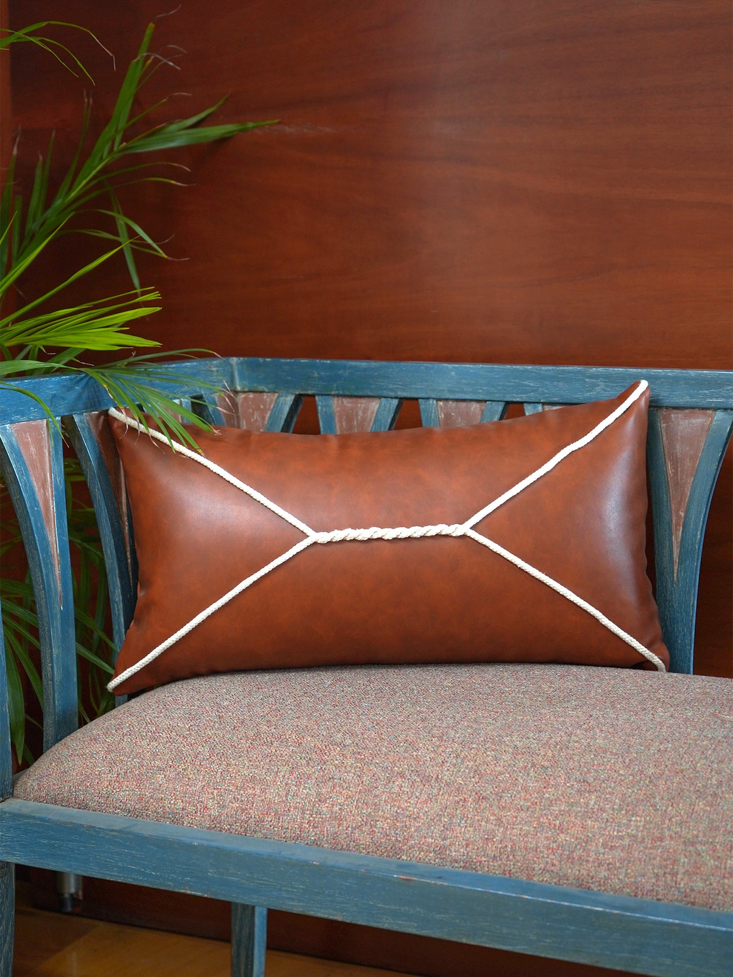 Leather Cushion Cover - Rust ,Hand Work, 12x22 inches, Set of 1