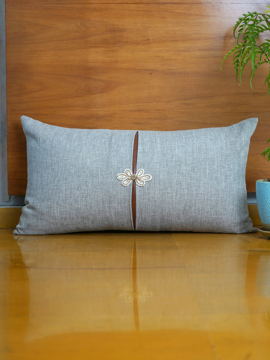 Polyester Blend Grey Cushion Cover -Overlap and Hand Work, 12x22 inches, Set of 1