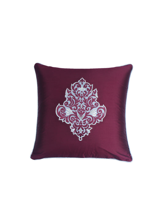 Motif Embroidered with Cushion Cover with Patchwork and Cord Piping - Maroon