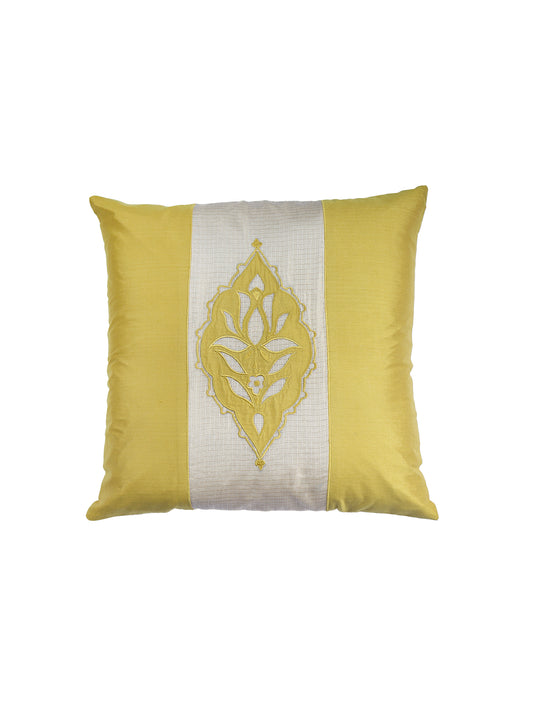 Lotus Motif Embroidered Cushion Cover with Patchwork - Yellow