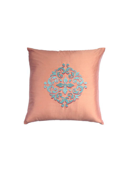 Central Motif in Two Tone Embrodiery Cushion Cover - Coral