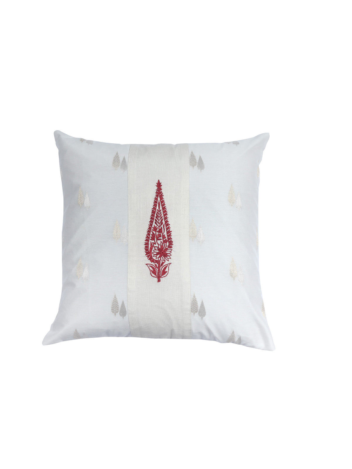 Brocade Silk Cushion Cover with Motif Embroidered - White