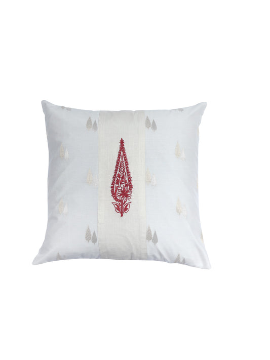 Brocade Silk Cushion Cover with Motif Embroidered - White