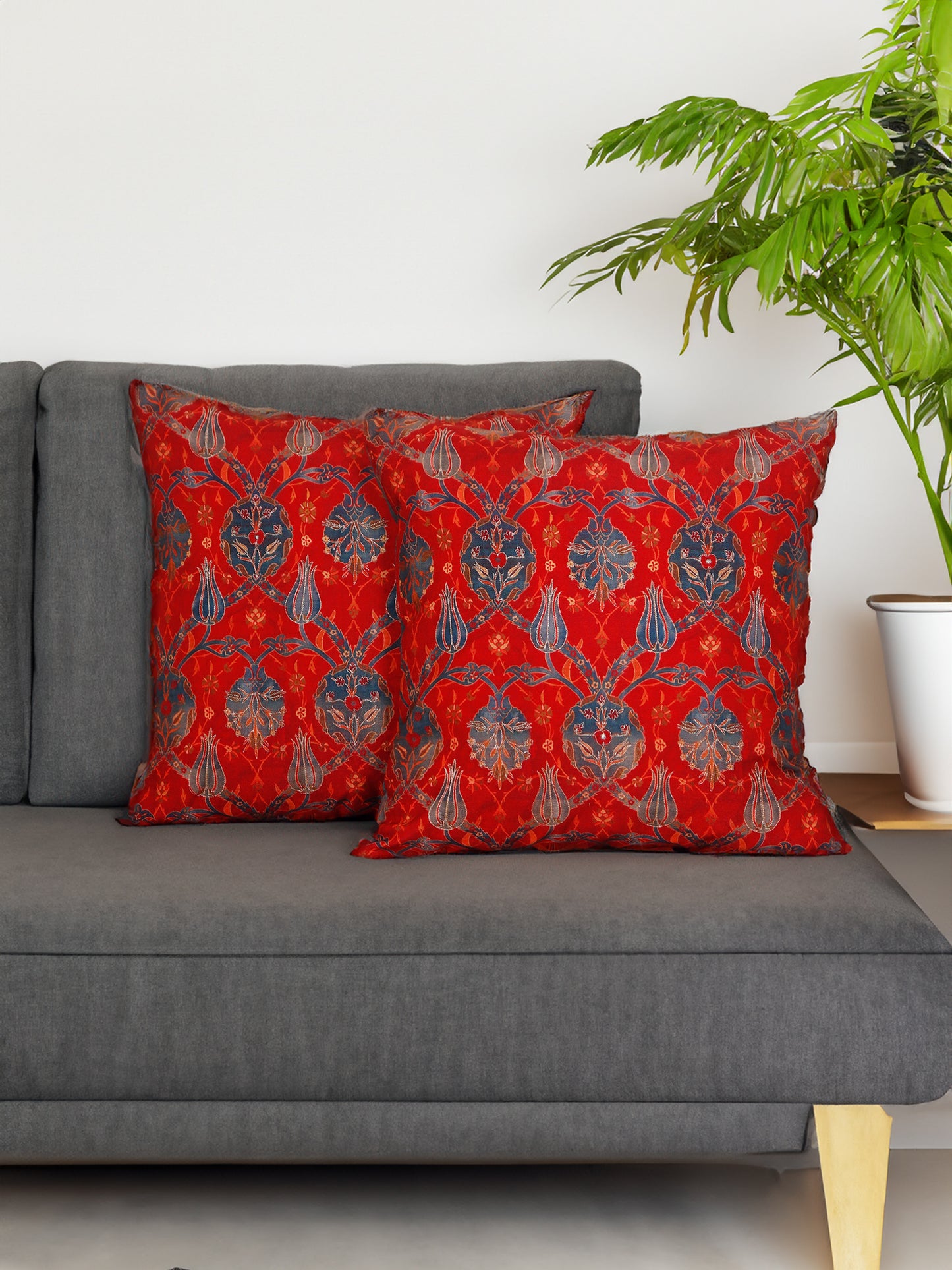 Cushion Cover with Floral Print and Highlighted Silver Embroidery - Red/Grey - 16x16in
