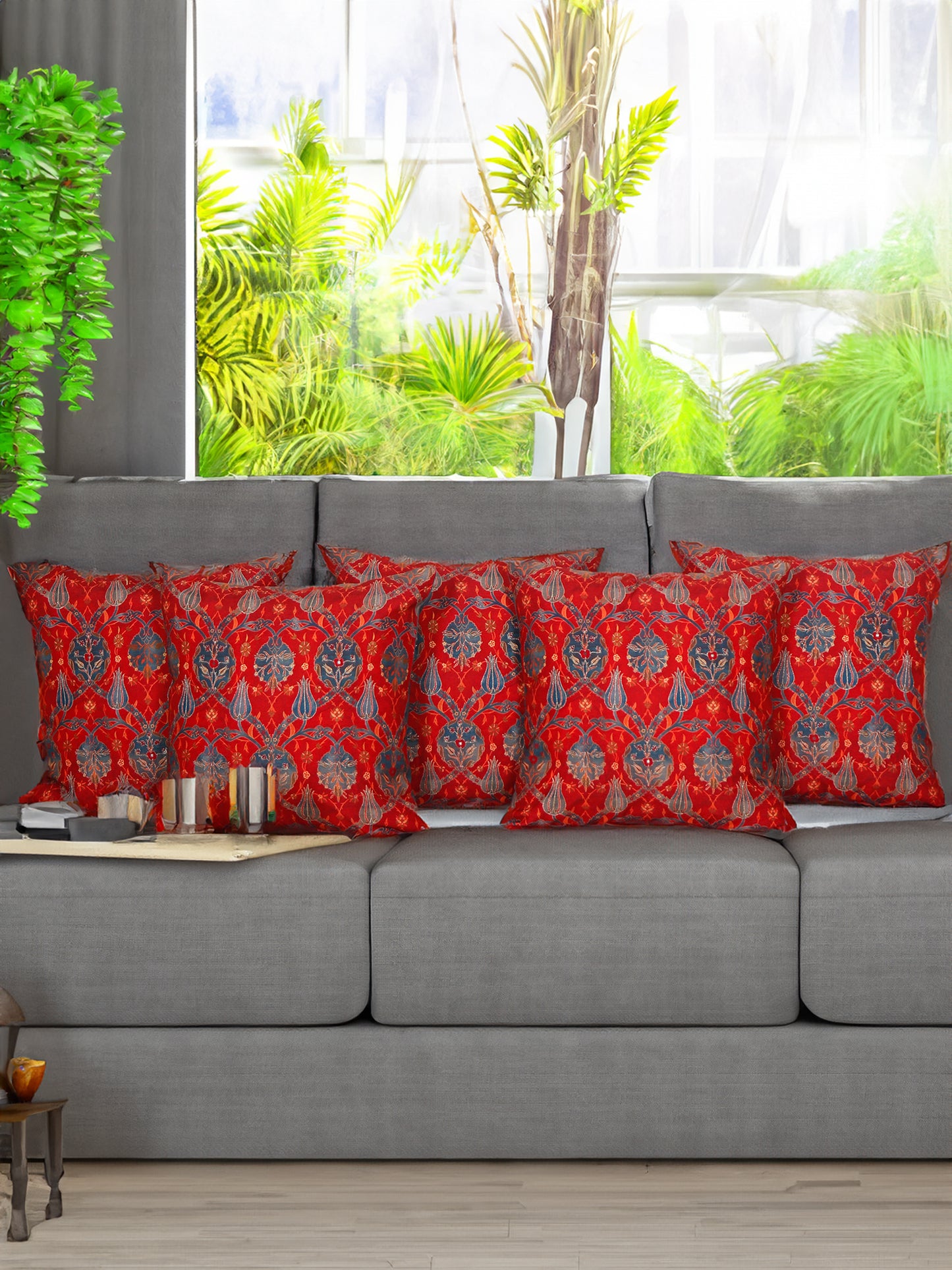 Cushion Cover with Floral Print and Highlighted Silver Embroidery - Red/Grey - 16x16in