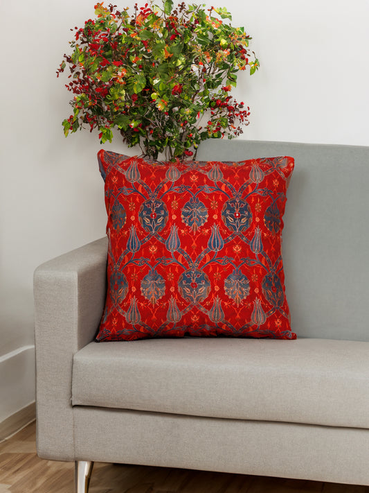Cushion Cover with Floral Print and Highlighted Silver Embroidery - Red/Grey - 16x16in