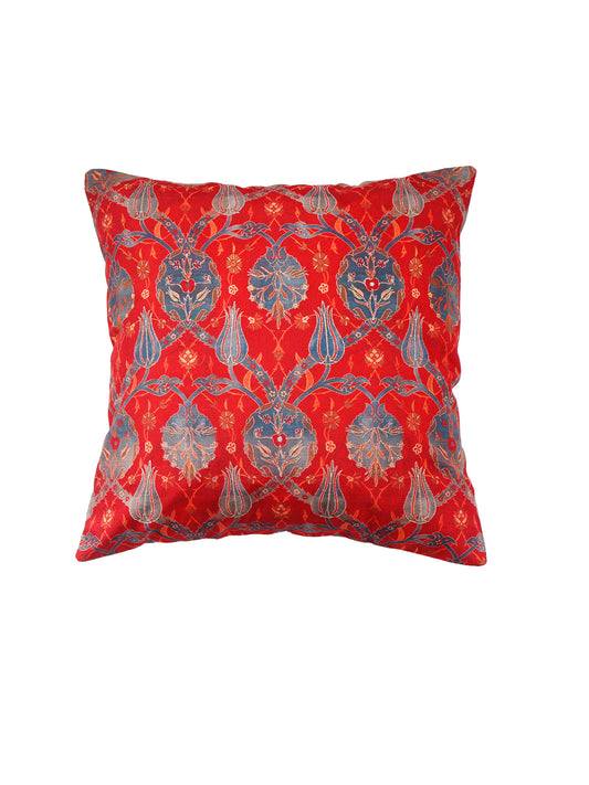 Cushion Cover with Floral Print and Highlighted Silver Embroidery - Red/Grey - 16x16in