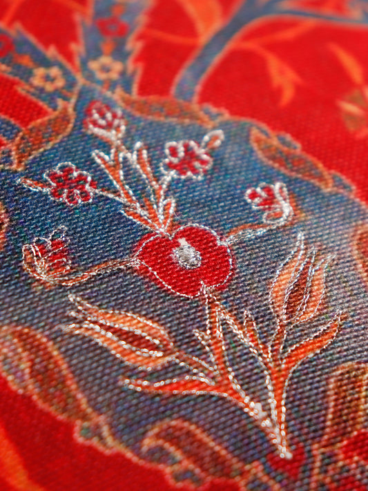 Cushion Cover with Floral Print and Highlighted Silver Embroidery - Red/Grey - 16x16in
