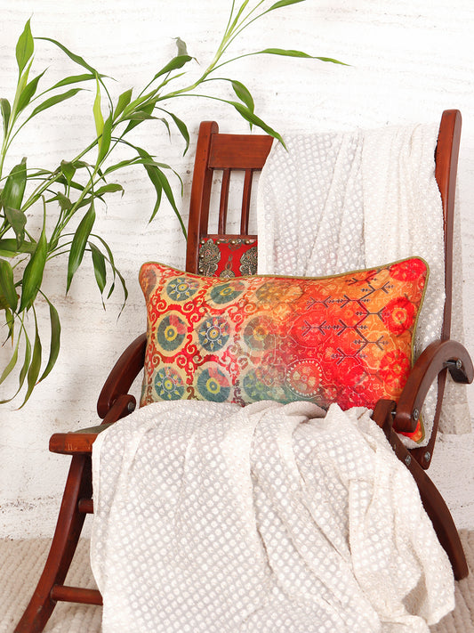 Cushion Cover with Motif Print and Highlited Embroidery and Contrast Cord Piping - Red/Orange - 12x22 Inches