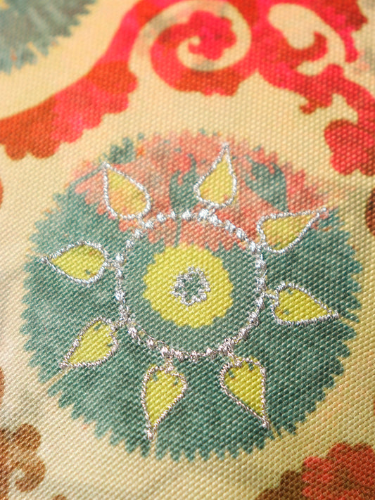 Cushion Cover with Motif Print and Highlited Embroidery and Contrast Cord Piping - Red/Orange - 12x22 Inches